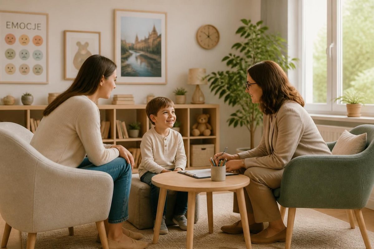 Psycholog dziecięcy rozmawiający z dzieckiem i rodzicem w spokojnym gabinecie
