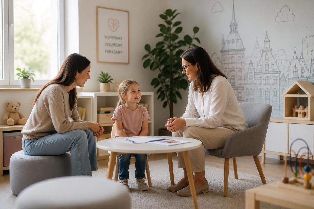 Psycholog dziecięcy rozmawiający z dzieckiem i rodzicem w spokojnym gabinecie