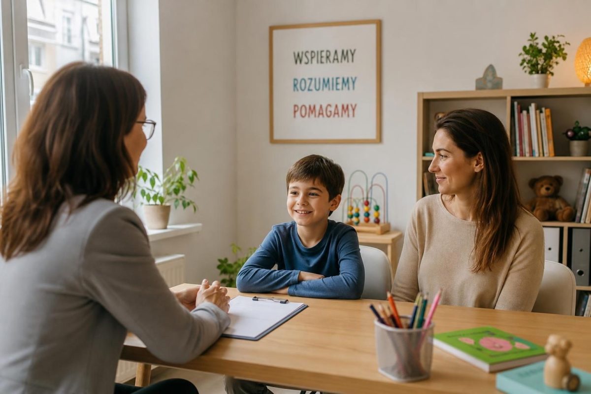 Psycholog dziecięcy rozmawiający z rodzicem i dzieckiem w spokojnym gabinecie