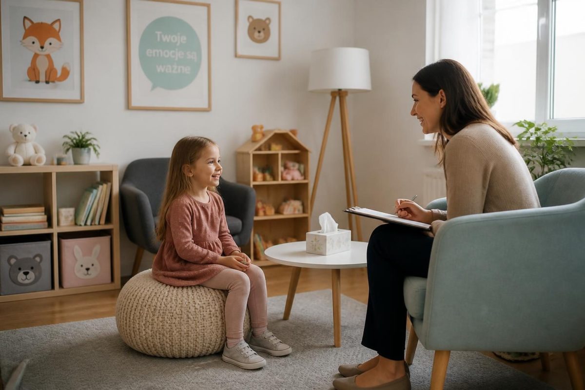 Spokojne wnętrze poradni psychologicznej dla dzieci w mieszkaniowej dzielnicy Opola